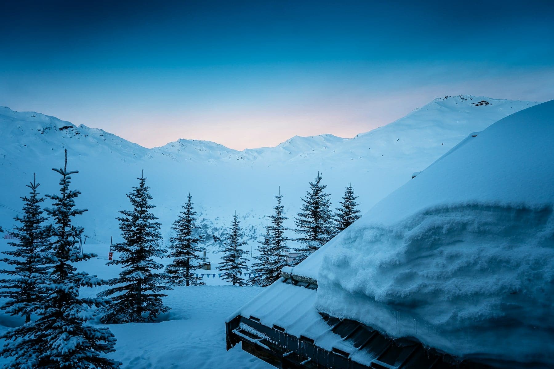 Pine trees and snow above Les Menuires