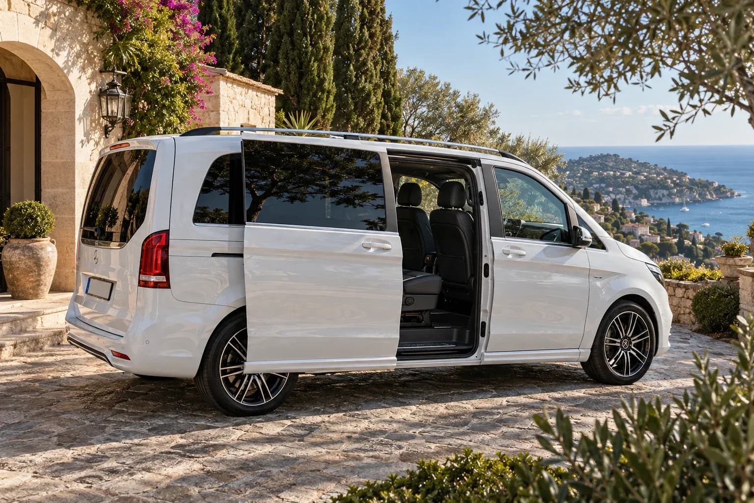 White Mercedes-Benz V-Class prepared for a private chauffeur transfer on the French Riviera