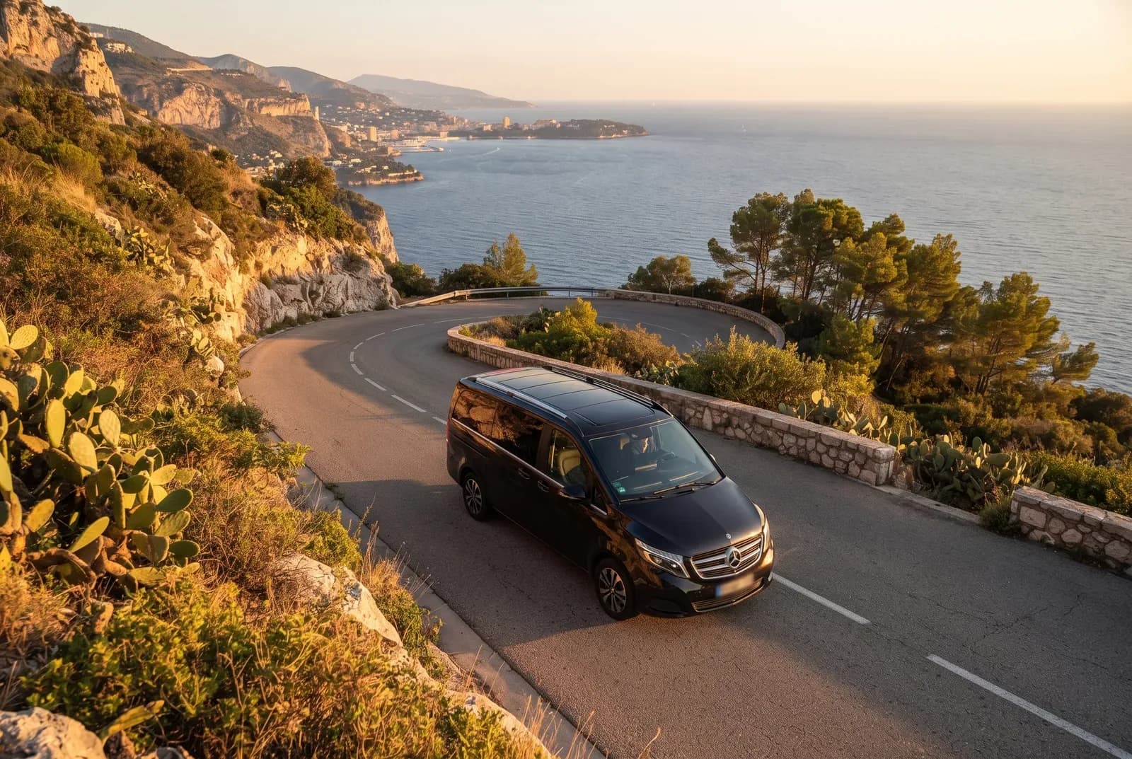 A chauffeur vehicle on a coastal road above the Mediterranean, overlooking Monaco at sunset.