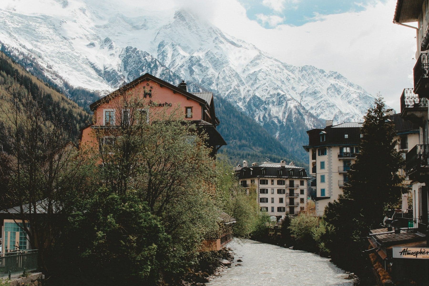 Buildings in the Chamonix valley below the Mont Blanc massif