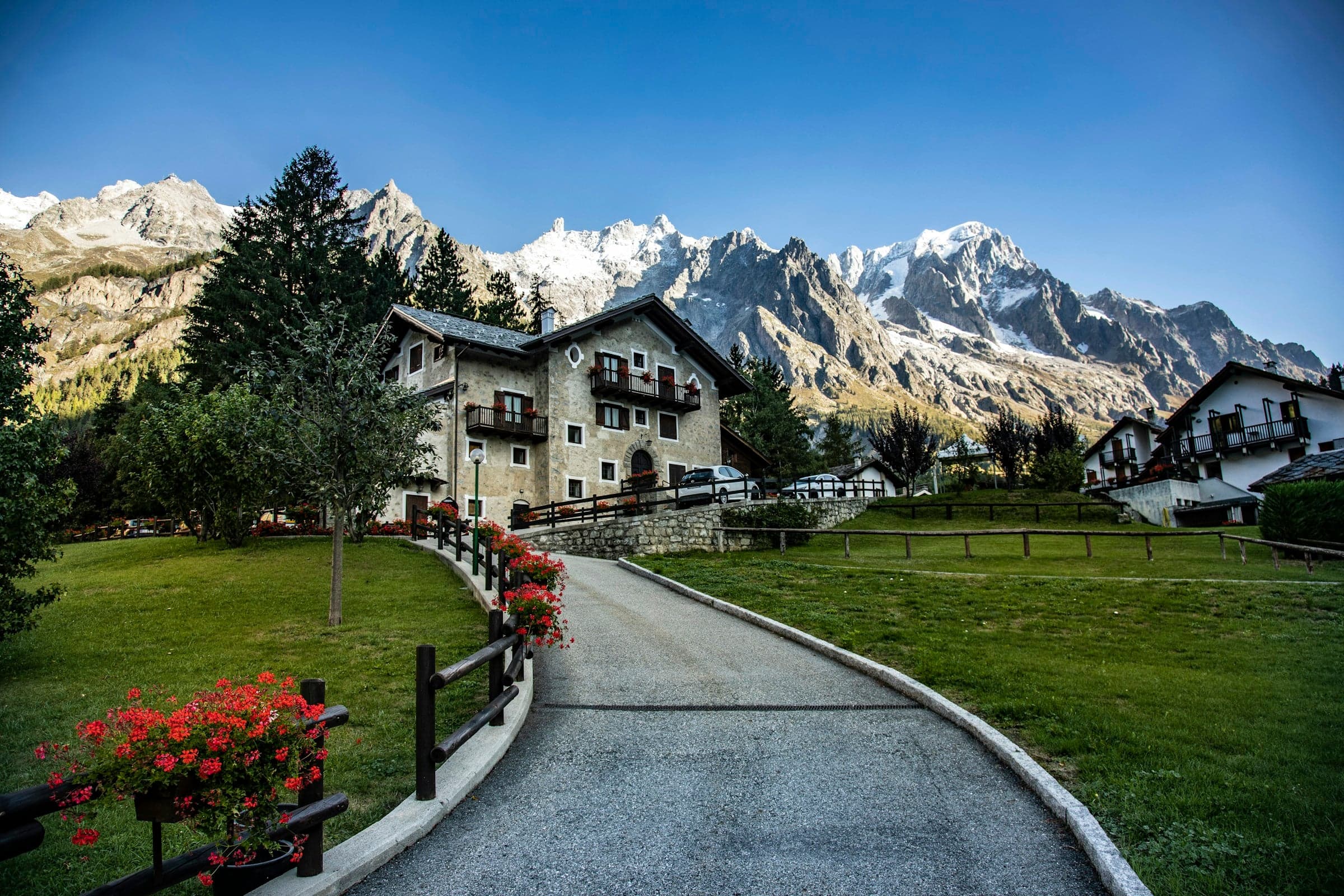 Traditional house in Courmayeur below the Mont Blanc massif