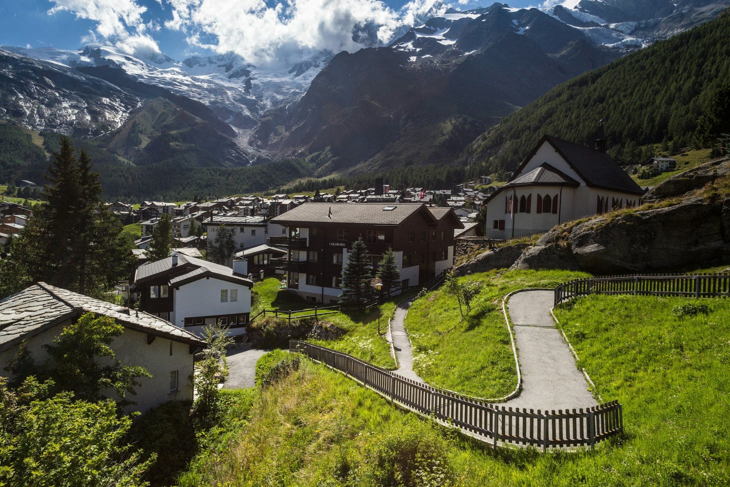 Saas-Fee village below its glacier backdrop