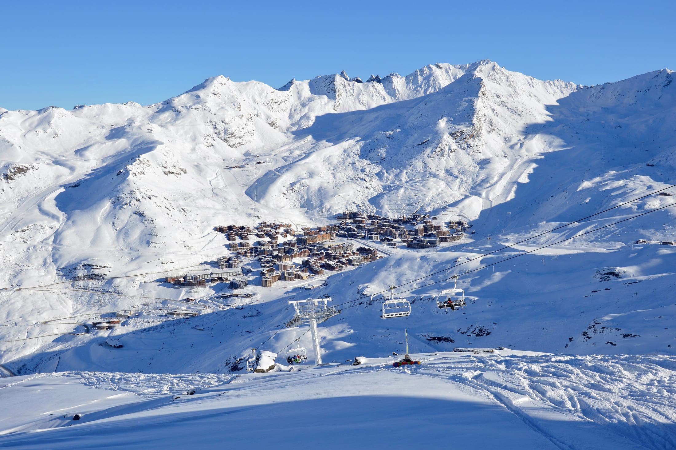 Morning view of Val Thorens from Boismint in the French Alps
