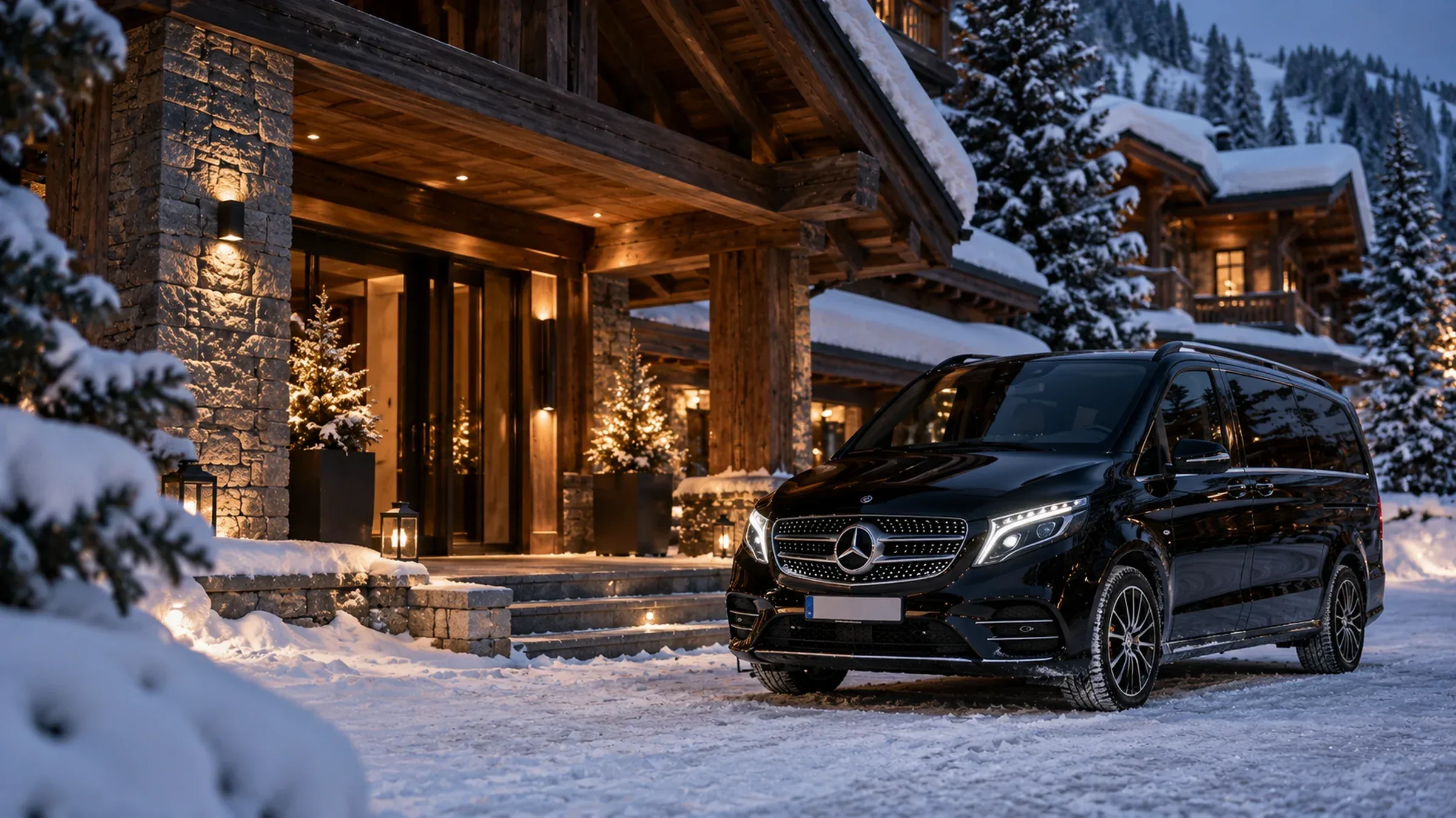 Private Mercedes-Benz V-Class transfer arriving at a snow-covered Alpine chalet.